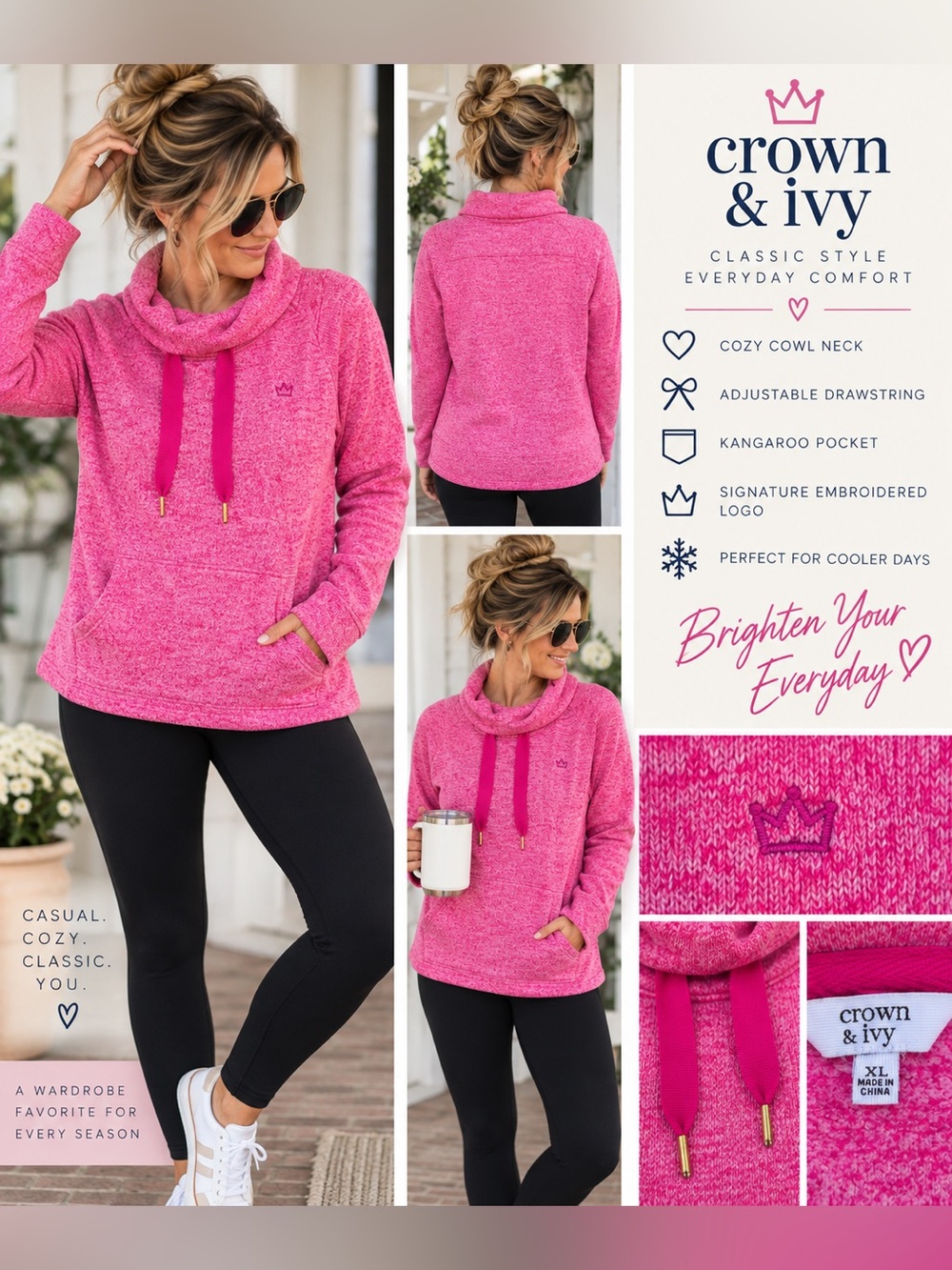 Crown & Ivy Pink Cowl Neck Knit Pullover Sweater XL